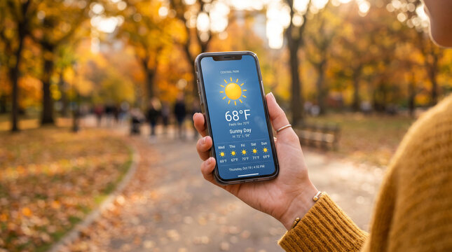 Woman holding smartphone with weather app in autumn park. Girl checking sunny day forecast on mobile device outdoors. Fall season travel planning and digital technology lifestyle concept