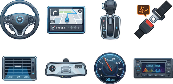 Car interior dashboard elements icon set with steering wheel gps navigator speedometer and seatbelt