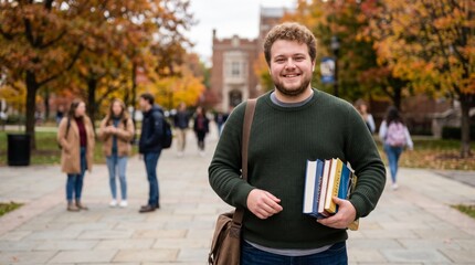 Fototapeta premium Smiling male plus size student holding books on a university campus during autumn. Happy young man standing on a college walkway preparing for class. Academic education and school life concept