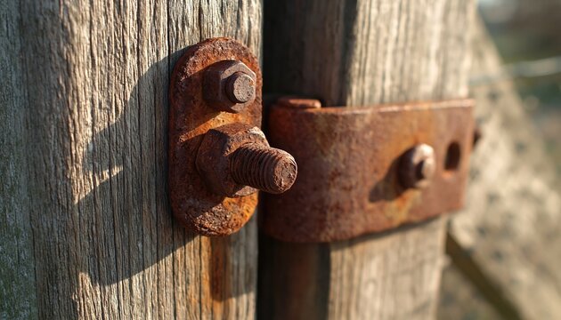 Close up of a rusted metal hinge and bolt on a weathered wooden post. Rustic hardware on an old gate. Texture of decay and oxidation