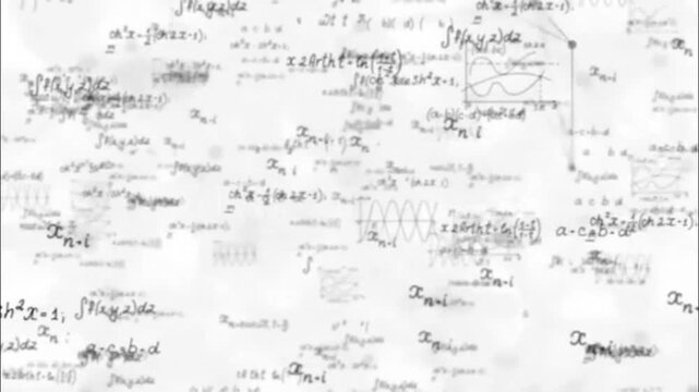 An array of complex mathematical formulas, calculus equations, integrals, sinusoidal function graphs, and scientific symbols moving dynamically.