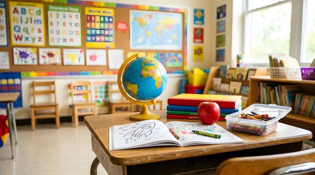 Preschool or elementary school classroom desk with globe books and apple