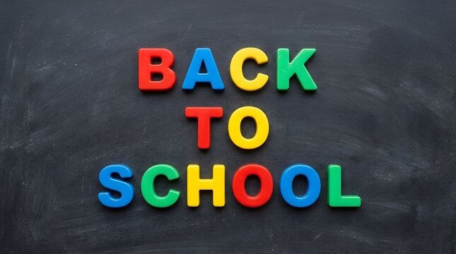 Back to school text made of colorful magnetic letters on chalkboard background