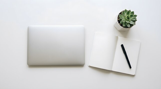 Top view of minimalist workspace with laptop open notebook and succulent on white background
