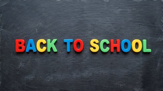 Back to school words made of colorful plastic letters on dark slate background
