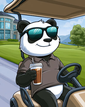 Cartoon panda driving a golf cart