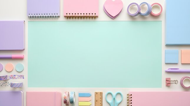 Flat lay of pastel colored stationery items with central copy space
