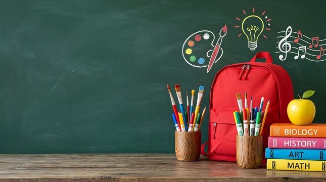 Red school backpack with books and stationary on wooden table against green chalkboard