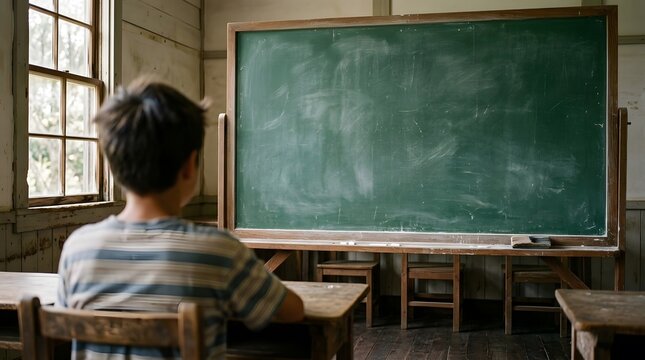 Student sitting at a desk looking at a blank green chalkboard in a vintage classroom