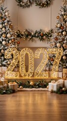Obraz premium Glowing golden numbers 2027 standing in front of decorated Christmas trees with gift boxes. New Year celebration background concept for festive greeting card and winter holiday party. Vertical
