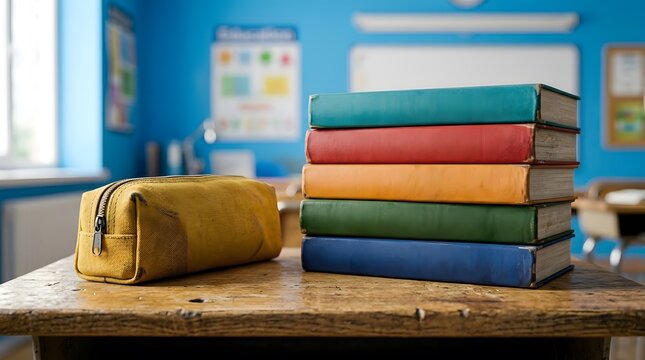 Stack of colorful books and pencil case on wooden desk in classroom