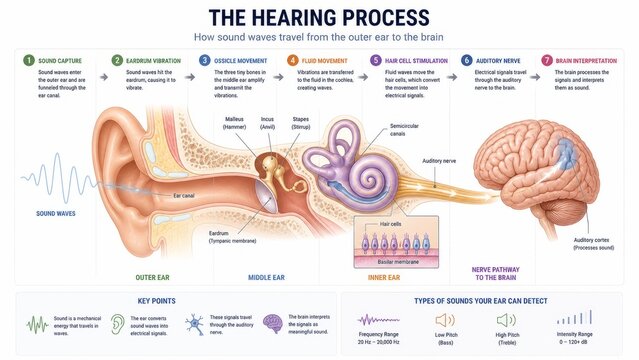 Infographic of human ear showing hearing process and anatomy. Detailed medical illustration of sound wave travel to brain. Educational diagram of auditory system, ear canal, cochlea, and brain cortex