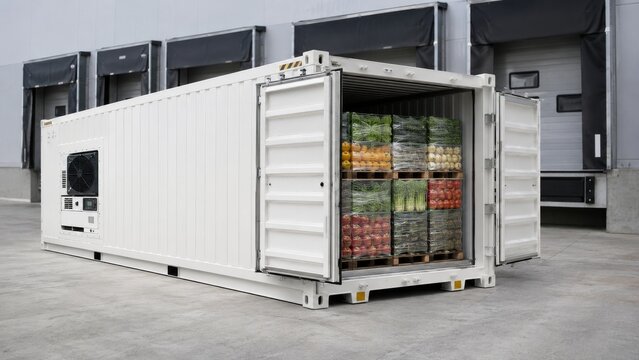 White refrigerated shipping container full of vegetables and fruits on pallets. Industrial food logistics, cold chain transport and fresh produce storage in a distribution warehouse area