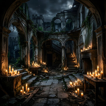 Ancient stone ruins with torches and archways in dark cavern.