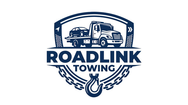 Roadlink Towing Logo: Tow Truck Hauling Car with Chains and Hook