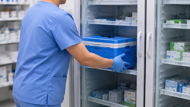 Pharmacist stores medication in a temperature controlled cooler box inside medical refrigerator. Healthcare worker managing vaccine supply chain, cold storage logistics and pharmacy safety
