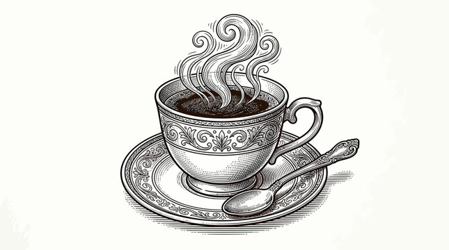 Steaming Hot Coffee Cup with Spoon and Saucer, Hand-Drawn Sketch Style
