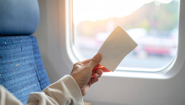 電車の車内で、窓の外をバックに白無地の切符（乗車券）を片手で持つ手元のクローズアップ