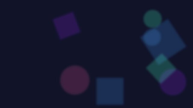Abstract floating geometric shapes background: soft motion circles and squares in dark blue tones for modern digital projects animation 4k