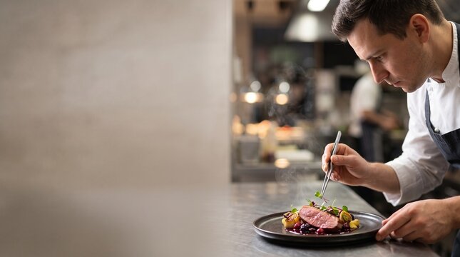 A professional chef precisely plating a gourmet dish