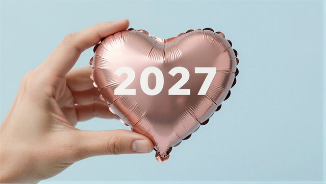 Hand holds rose gold heart balloon with "2027" text against light blue background.