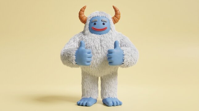 A cute 3D rendered yeti character showing a thumbs up gesture on a solid background.