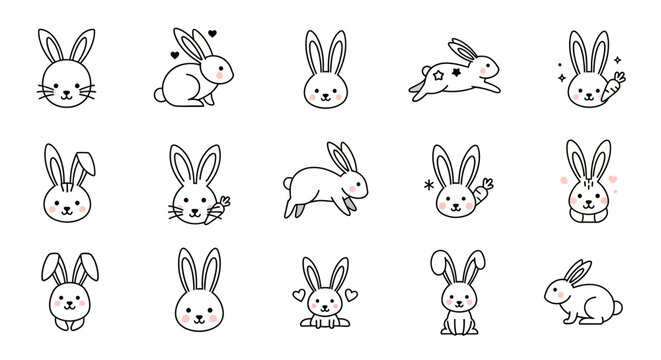 A collection of 15 simple line art illustrations of cute cartoon rabbits in various poses and expressions on a white background.