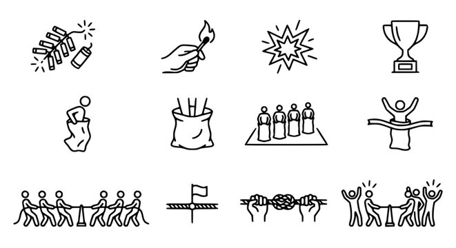 Collection of Hand-Drawn Icons: Party Games, Sports, and Celebrations