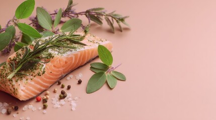 Freshly Prepared Salmon Fillet Garnished with Green Herbs and Spices on Soft Pink Surface for Culinary Presentation © Boonnam Burart