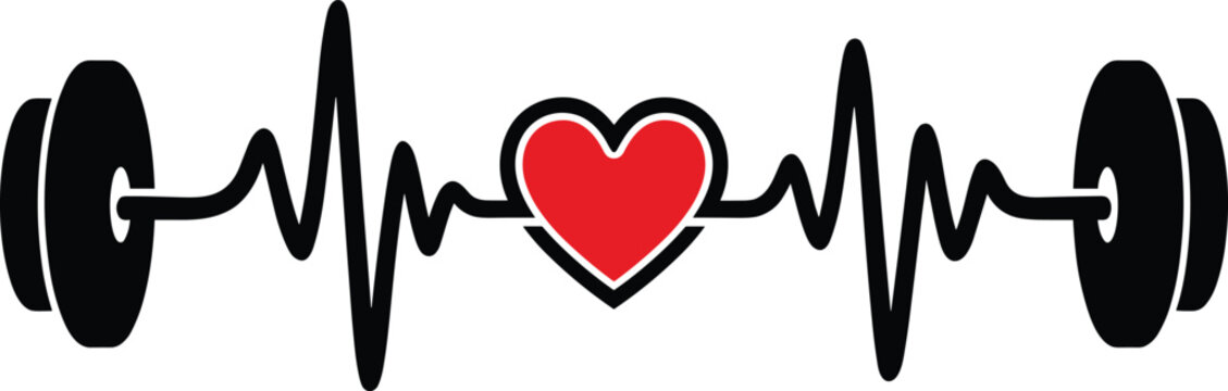 Heartbeat Barbell Fitness Logo, Cardio Pulse Gym Icon, Healthy Exercise Vector, Strength Training Heart Illustration Design Collection
