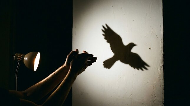 Shadow Puppet Bird Flying Created by Hands and Lamp Light.