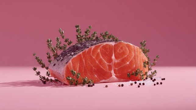 Fresh Salmon Fillet Surrounded by Green Herbs and Spices on a Pink Background in a Bright and Minimalist Style