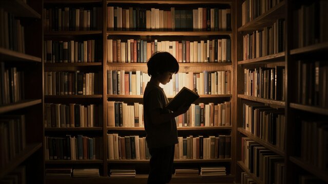 A child reads in a dimly lit library, surrounded by towering bookshelves.