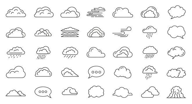 A comprehensive collection of outline cloud icons depicting various weather conditions, shapes, and speech bubbles, suitable for graphic design elements.