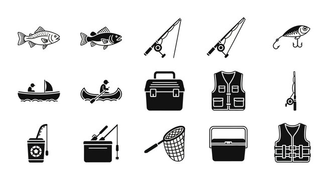 A comprehensive set of black and white fishing icons, including various fish, rods, boats, tackle boxes, and safety gear.