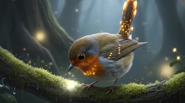 European robin perched on mossy branch in forest.