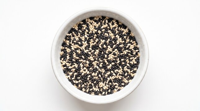 A white bowl filled with a mix of black and white sesame seeds.  isolated on solid white background