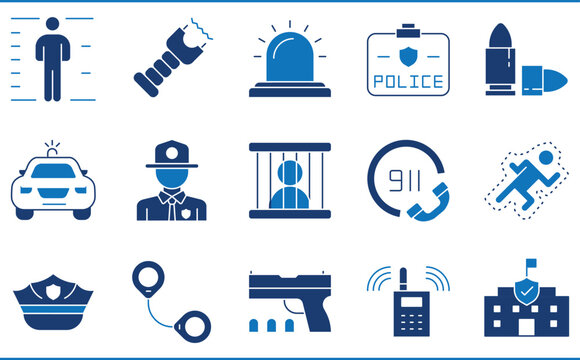 A set of filled icons related to Police. Law, jail, gun, police officer, criminal, and so on.