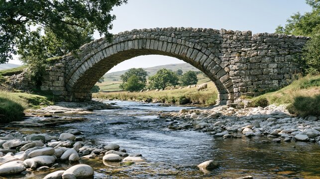 Old stone packhorse bridge crossing shallow stream in hilly countryside