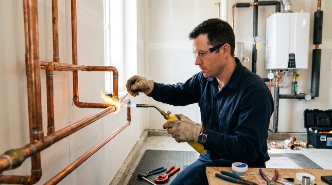 Male plumber soldering copper pipes with torch in utility room
