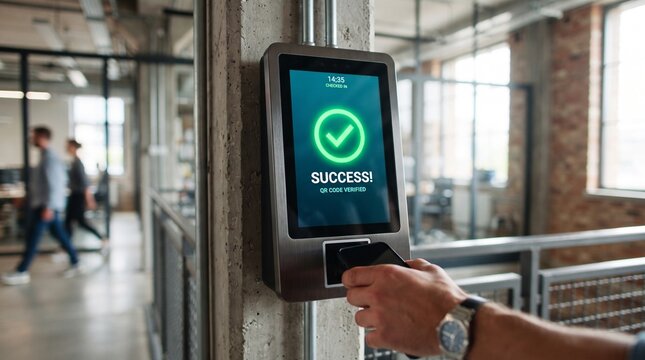 Access control terminal showing successful QR code verification in office