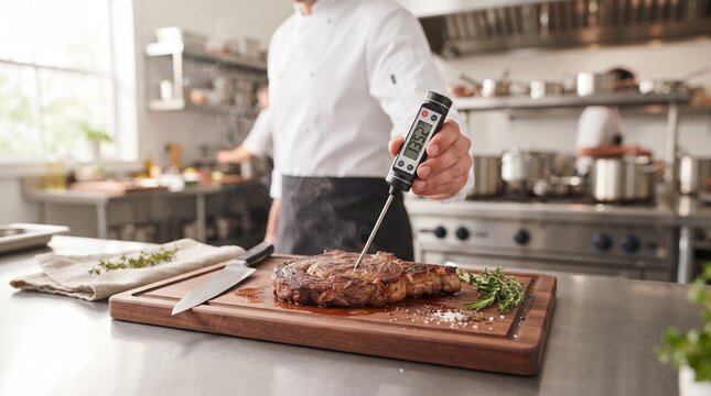 Chef measuring steak temperature with digital thermometer in professional kitchen