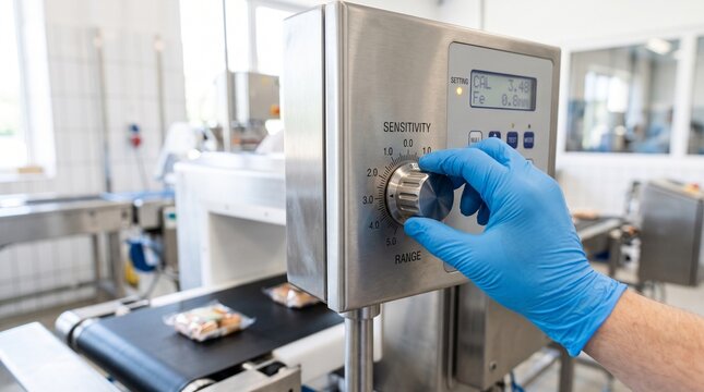 Gloved hand adjusting sensitivity knob on industrial food metal detector