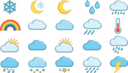 Naklejka premium Weather forecast icons collection featuring clouds rain rainbow moon sun and climate symbols for application design