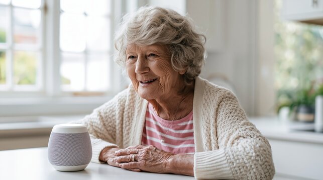 Senior woman smiling while using smart speaker at home