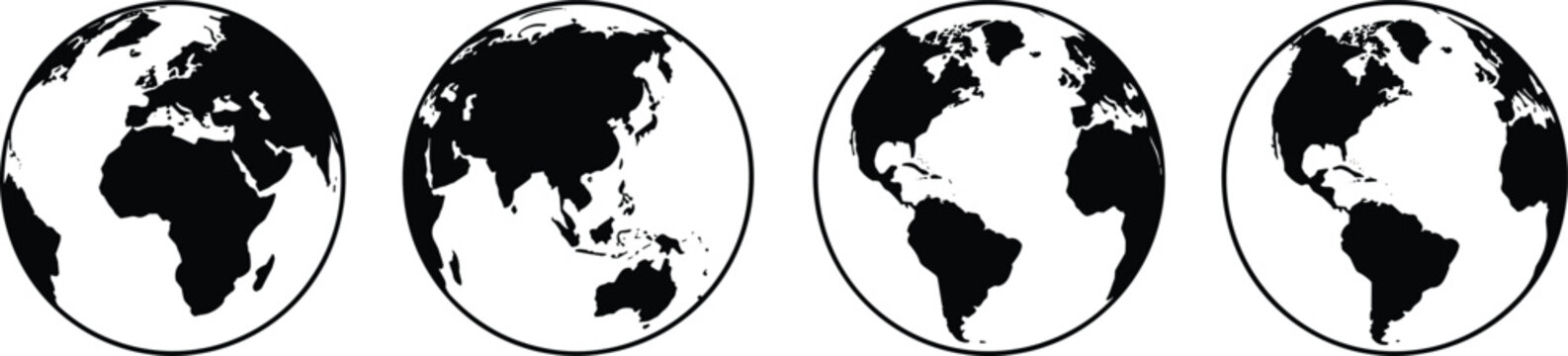 World globe vector collection, earth map silhouettes showing continents and global geography isolated icons set