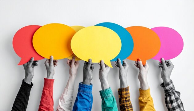 Diverse voices - Hands holding colorful speech bubbles expressing opinions.