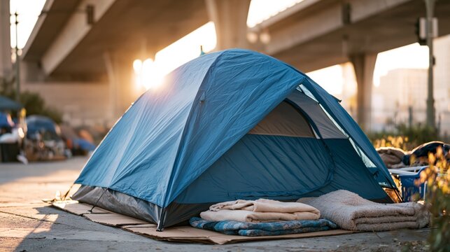 Blue camping tent located in urban homeless encampment under bridge