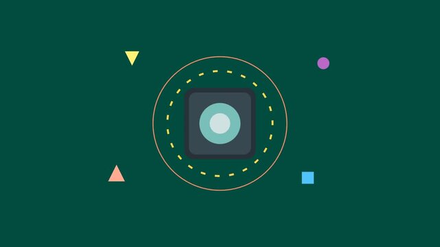 Animated Abstract Geometric Shapes and Pulse Icon on Dark Green Background