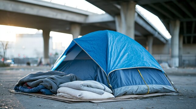 Blue tent with blankets pitched under urban highway overpass